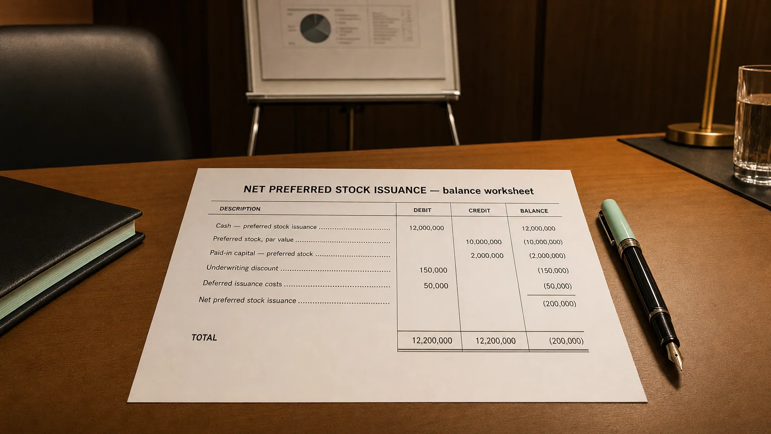 Accounting worksheet showing net preferred stock issuance line items with neat column totals and a fountain pen.