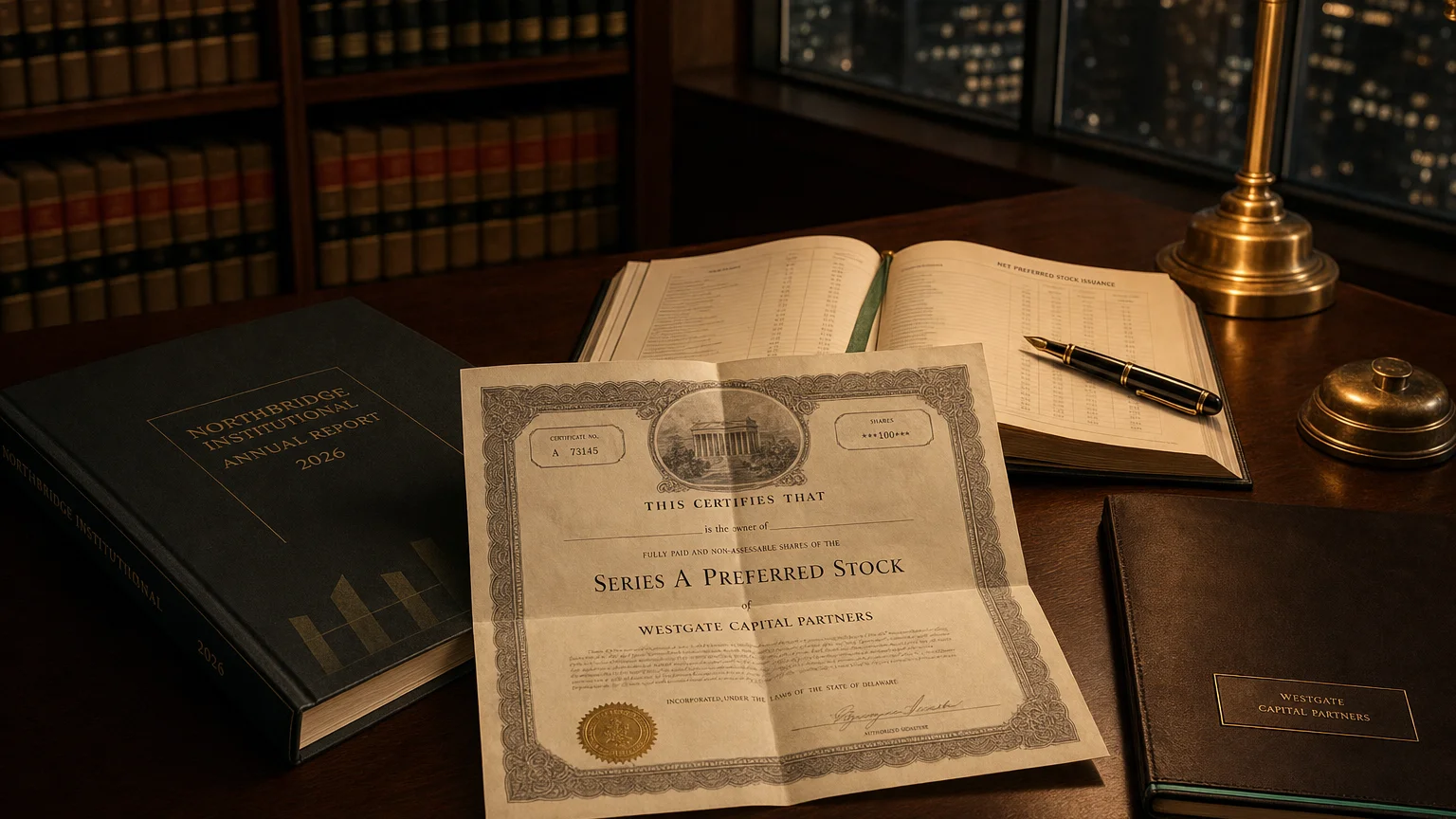 Corporate ledger or annual-report booklet open to the net preferred stock issuance chapter on a wooden desk.
