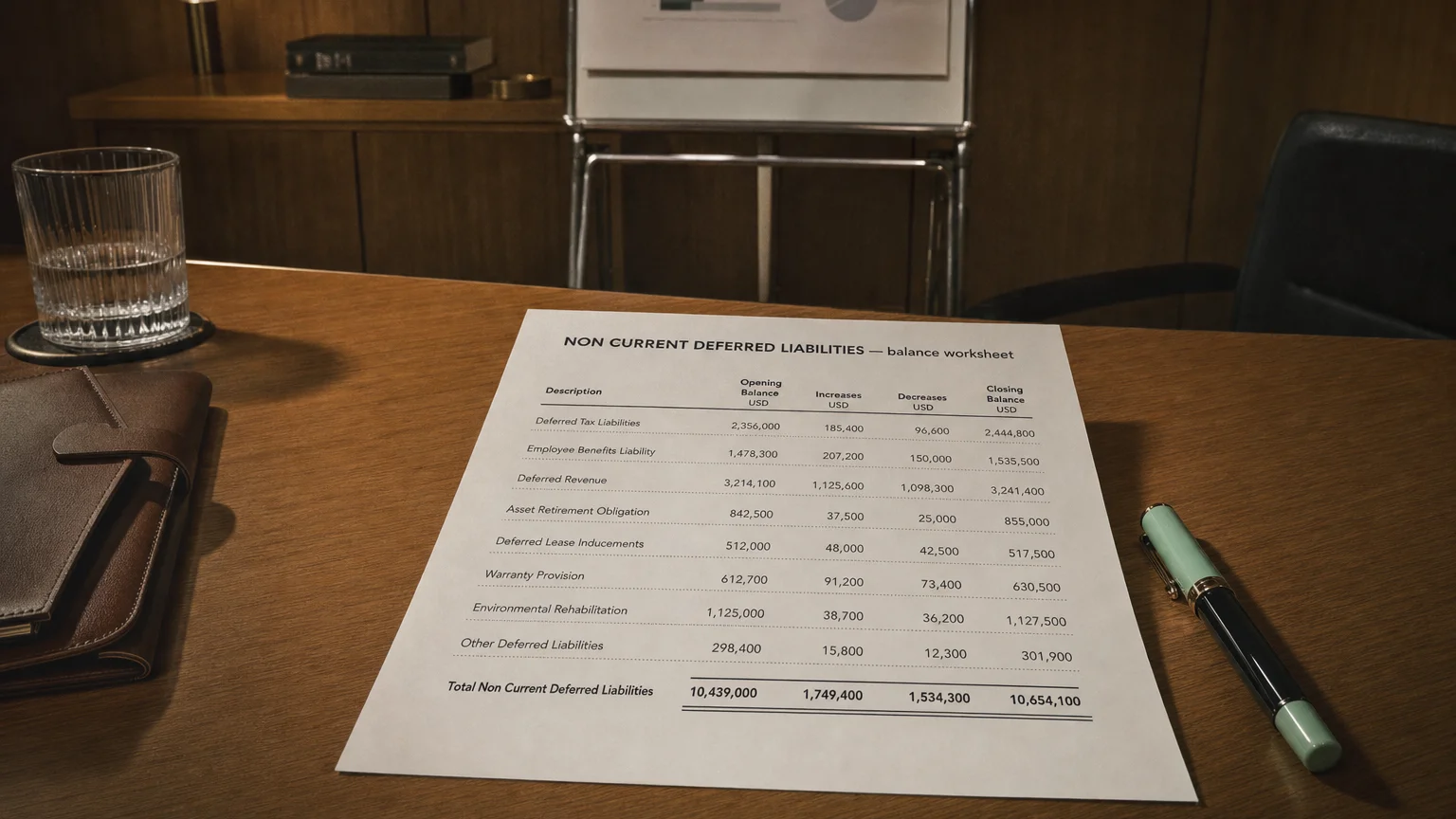 Accounting worksheet showing non current deferred liabilities line items with neat column totals and a fountain pen.