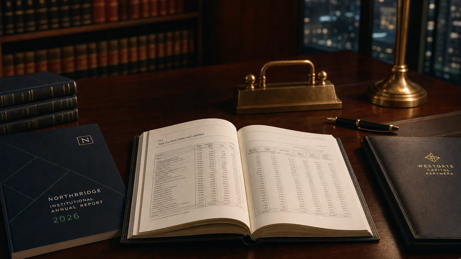 Corporate ledger or annual-report booklet open to the non current deferred liabilities chapter on a wooden desk.