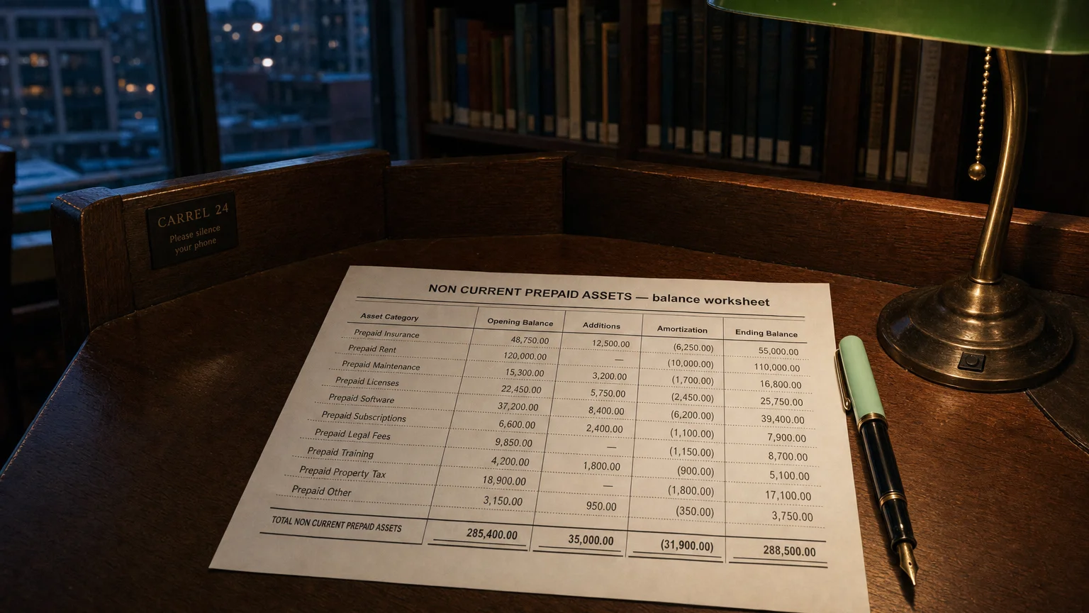 Accounting worksheet showing non current prepaid assets line items with neat column totals and a fountain pen.