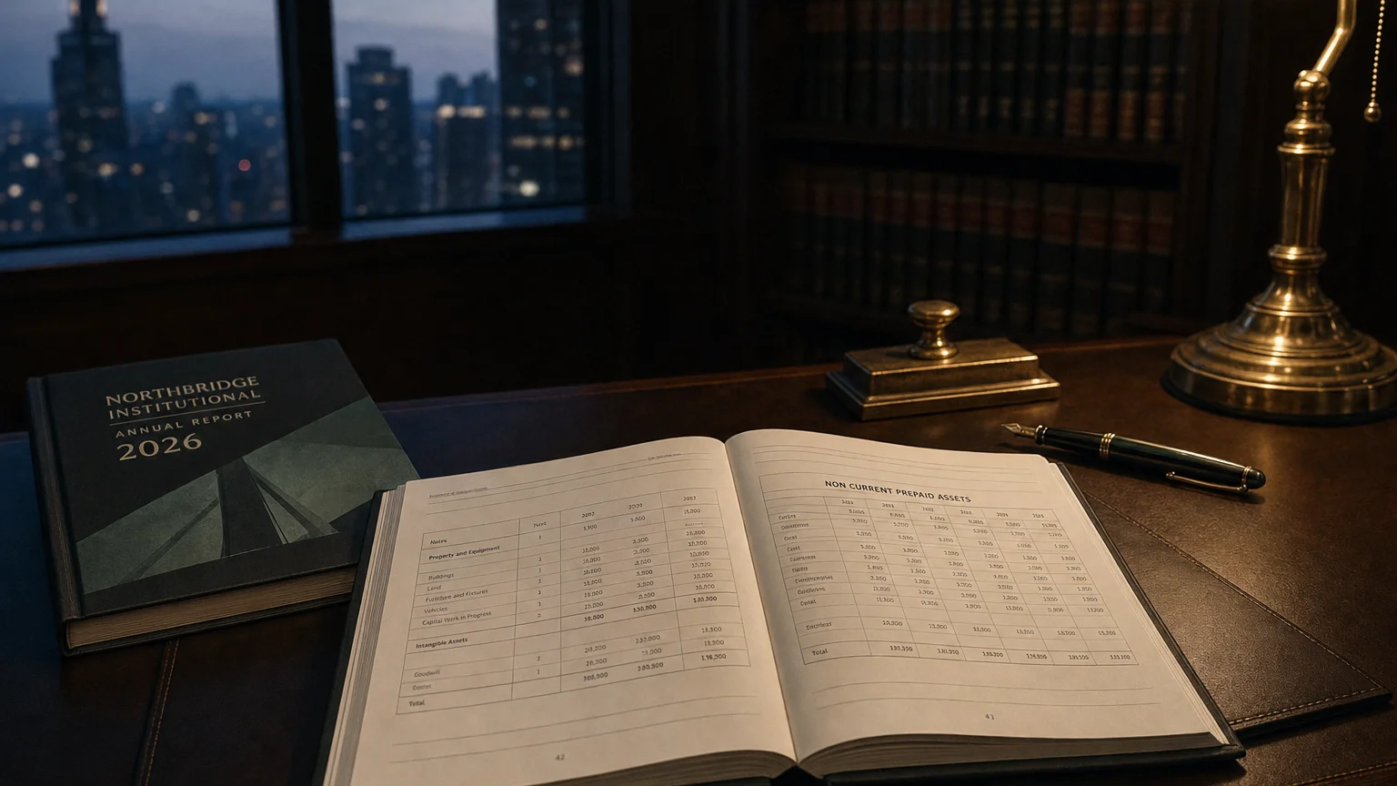 Corporate ledger or annual-report booklet open to the non current prepaid assets chapter on a wooden desk.