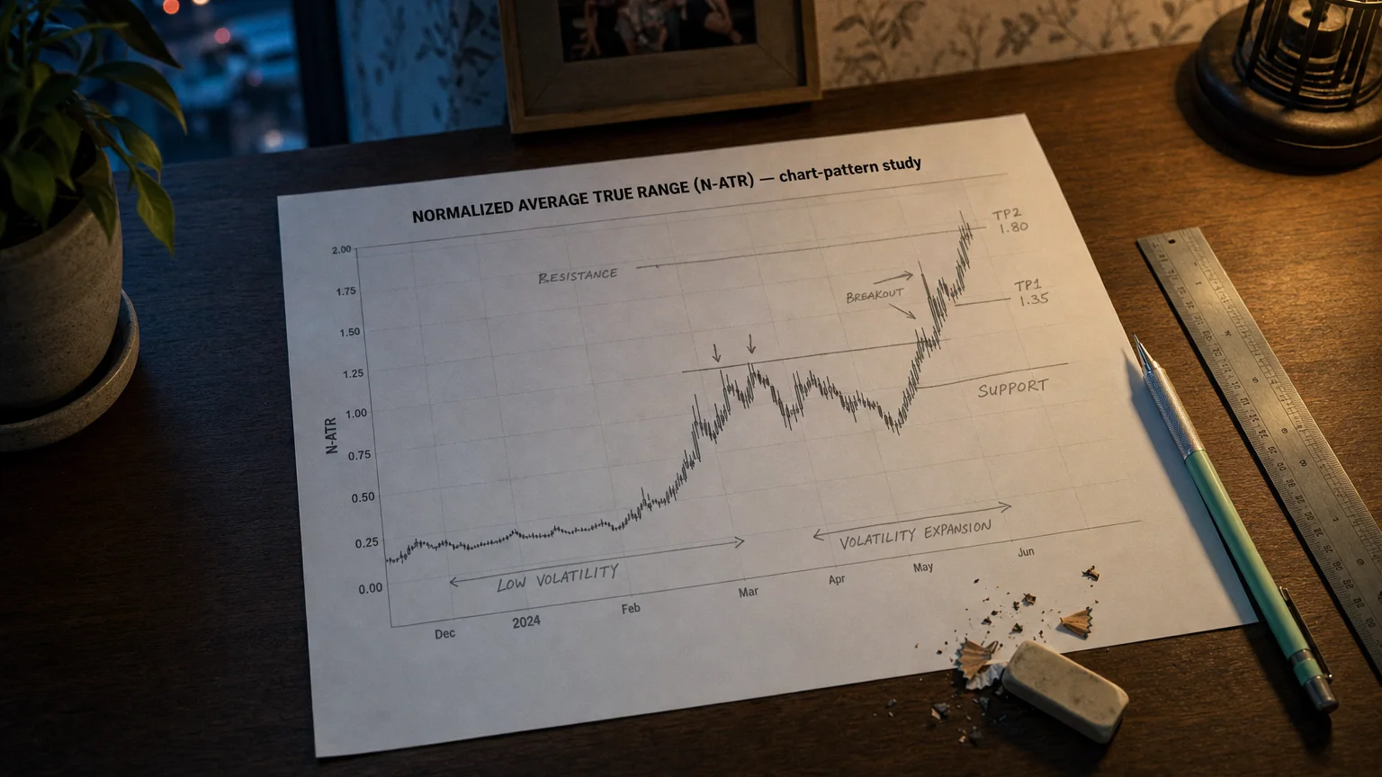 Printed candlestick chart annotated with hand-drawn normalized average true range (n-atr) pattern markers on an analyst desk.
