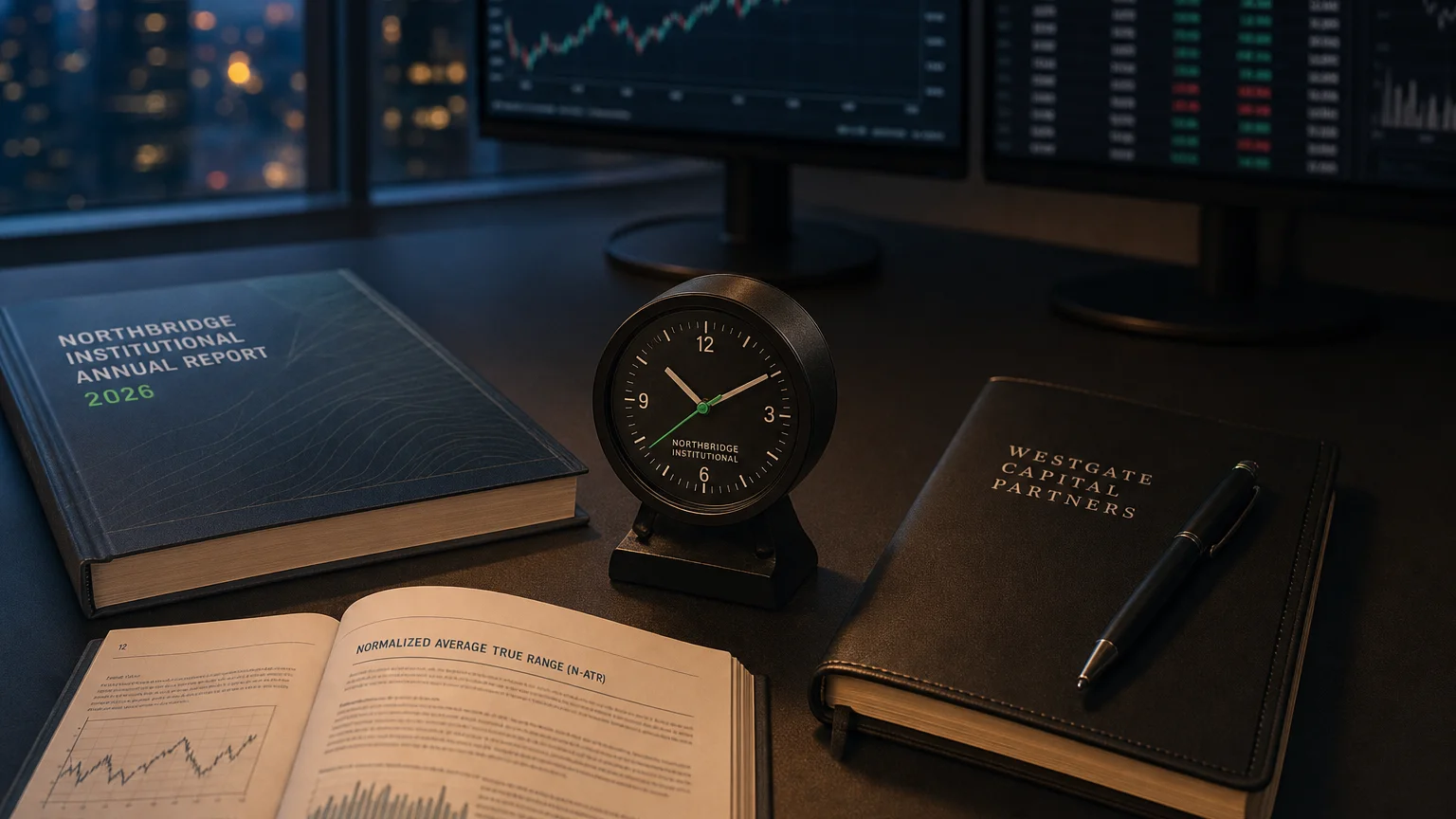 Trading-desk artifact representing normalized average true range (n-atr) — textbook page and bull-or-bear desk sculpture.