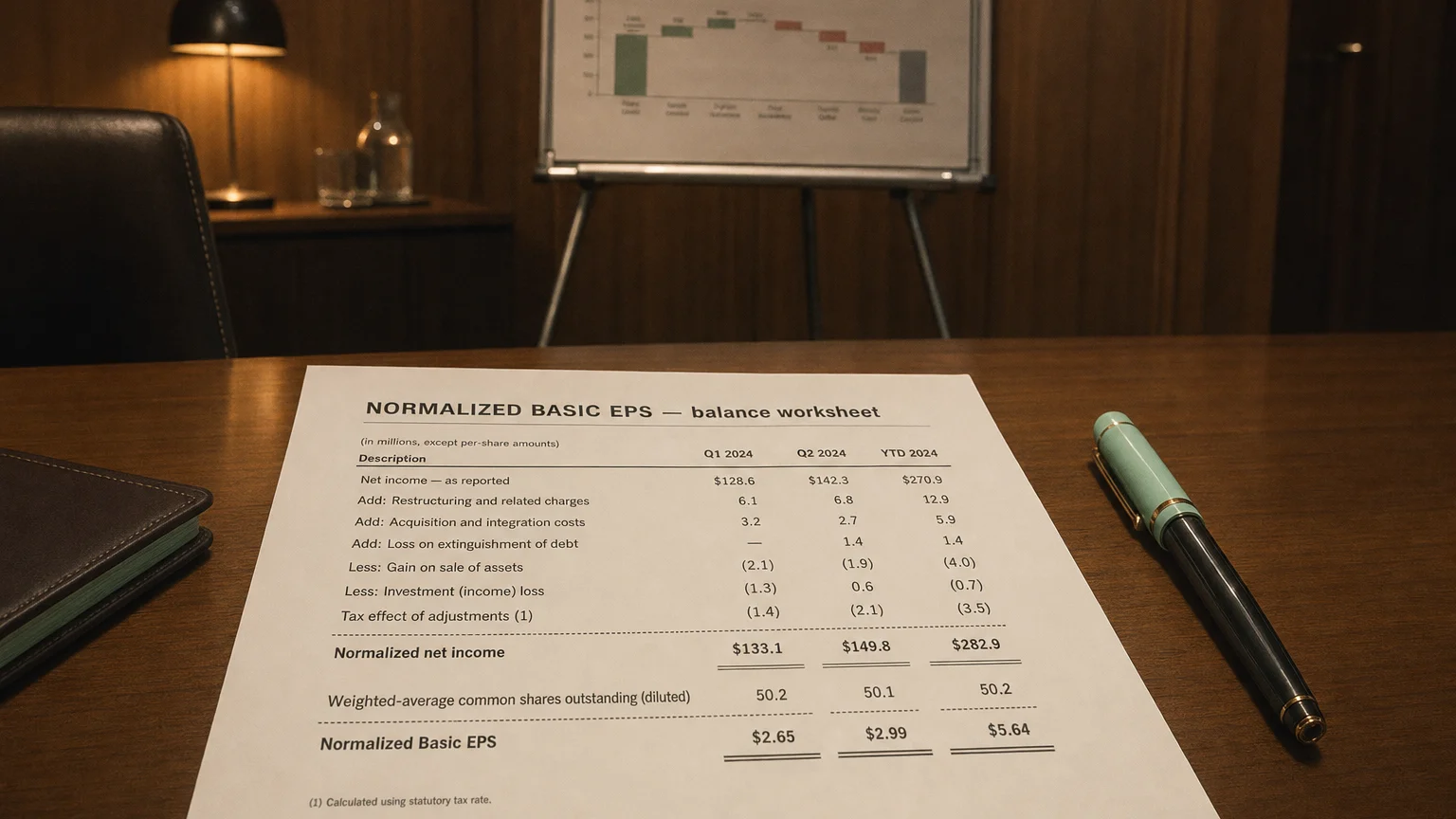 Accounting worksheet showing normalized basic eps line items with neat column totals and a fountain pen.