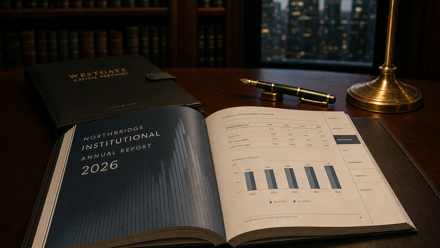 Corporate ledger or annual-report booklet open to the normalized basic eps chapter on a wooden desk.