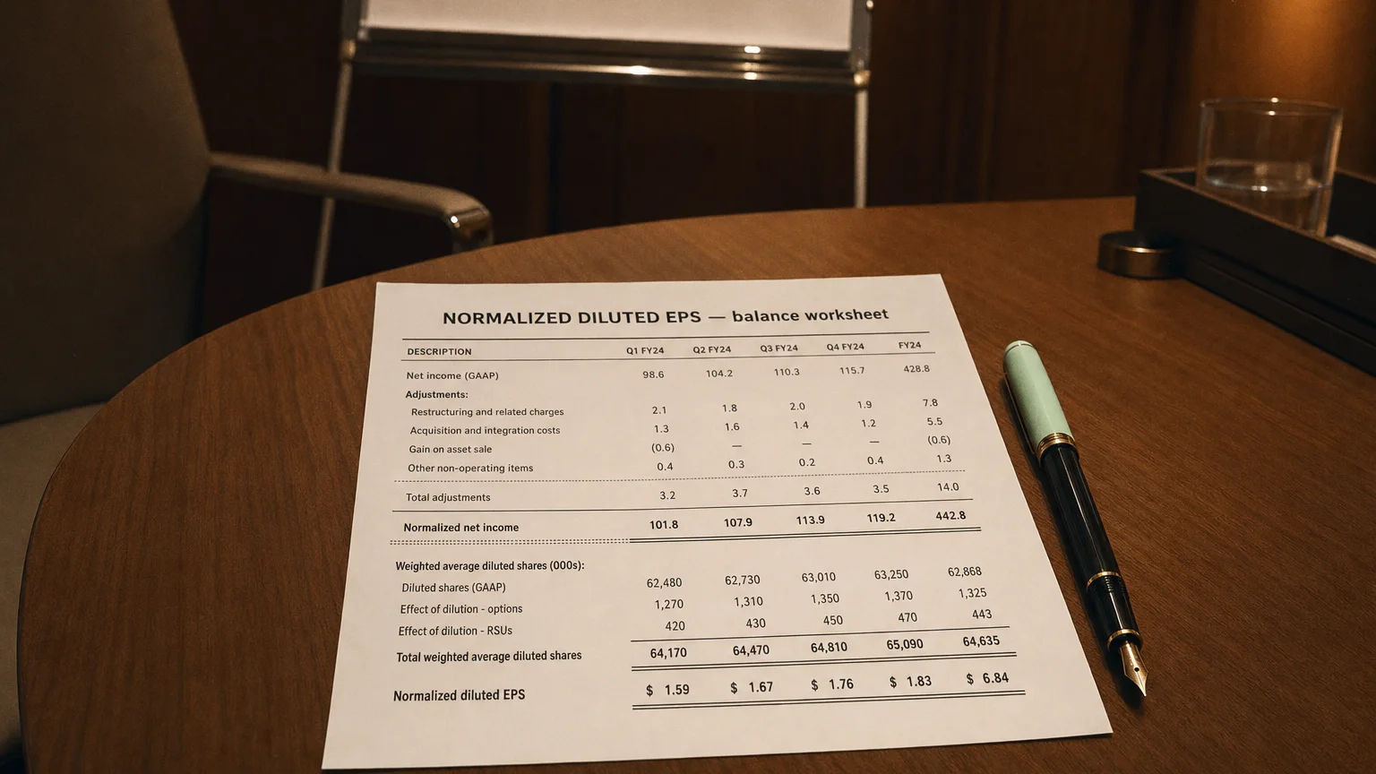 Accounting worksheet showing normalized diluted eps line items with neat column totals and a fountain pen.