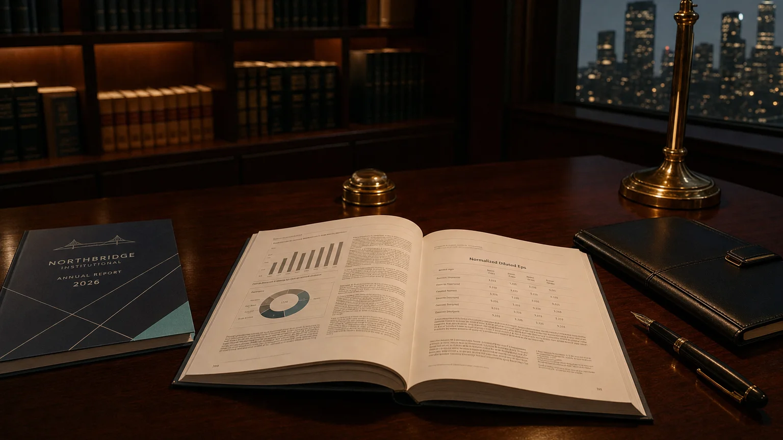 Corporate ledger or annual-report booklet open to the normalized diluted eps chapter on a wooden desk.