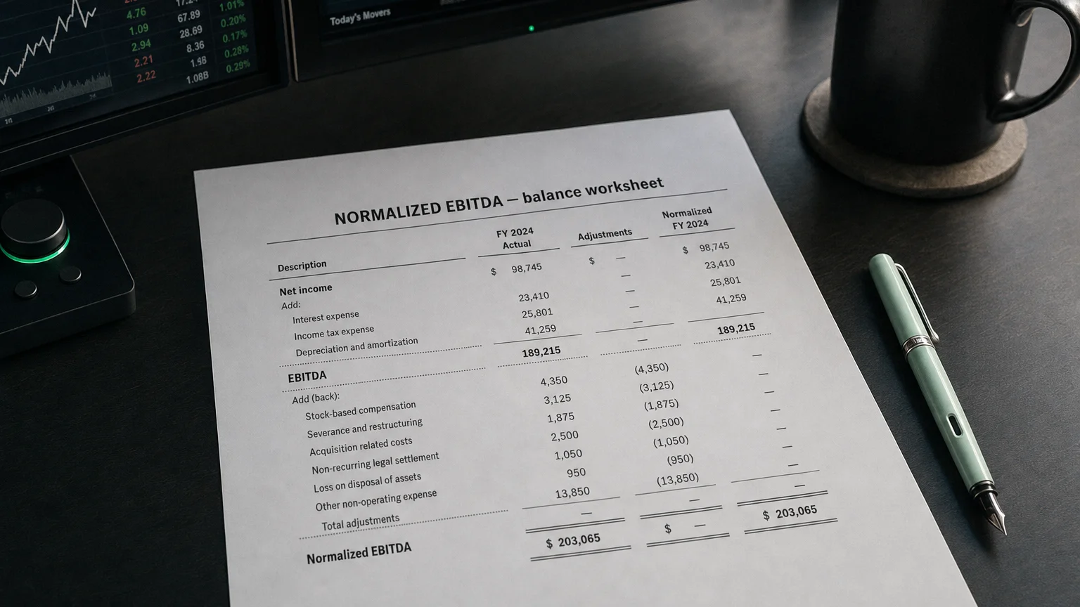 Accounting worksheet showing normalized ebitda line items with neat column totals and a fountain pen.