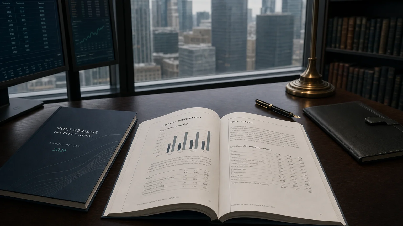 Corporate ledger or annual-report booklet open to the normalized ebitda chapter on a wooden desk.