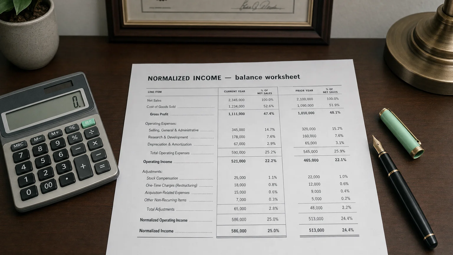 Accounting worksheet showing normalized income line items with neat column totals and a fountain pen.