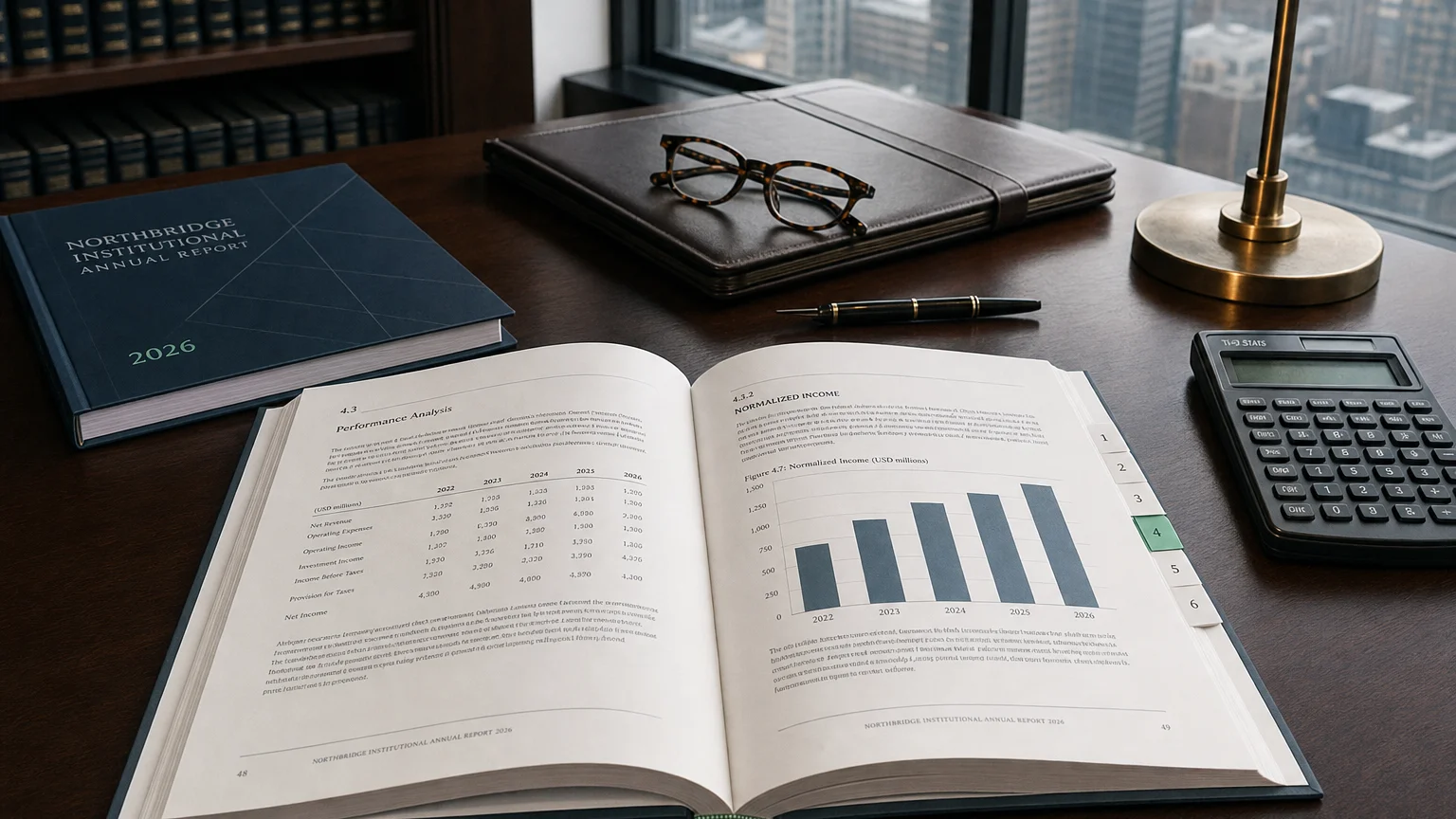 Corporate ledger or annual-report booklet open to the normalized income chapter on a wooden desk.