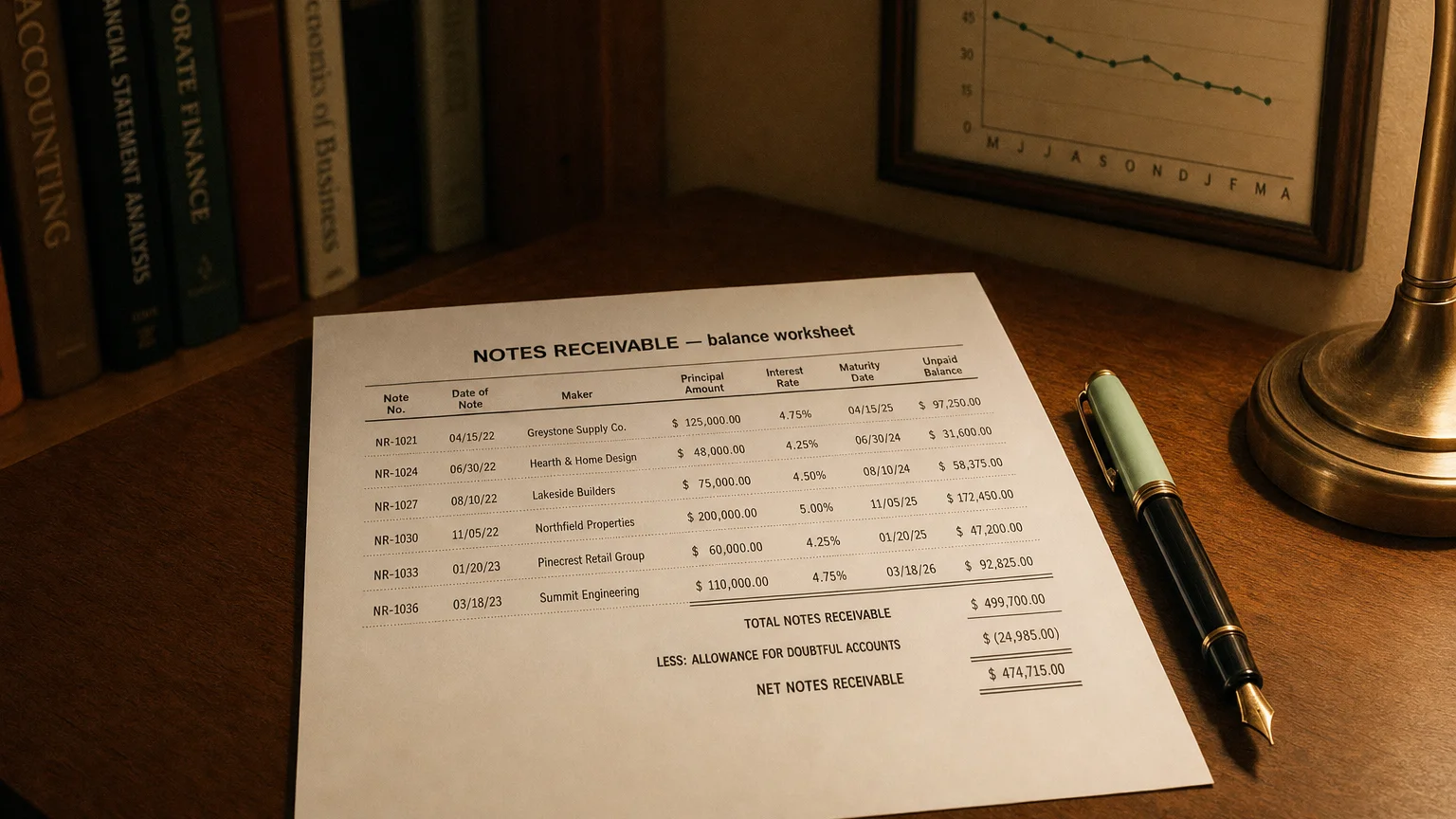 Accounting worksheet showing notes receivable line items with neat column totals and a fountain pen.