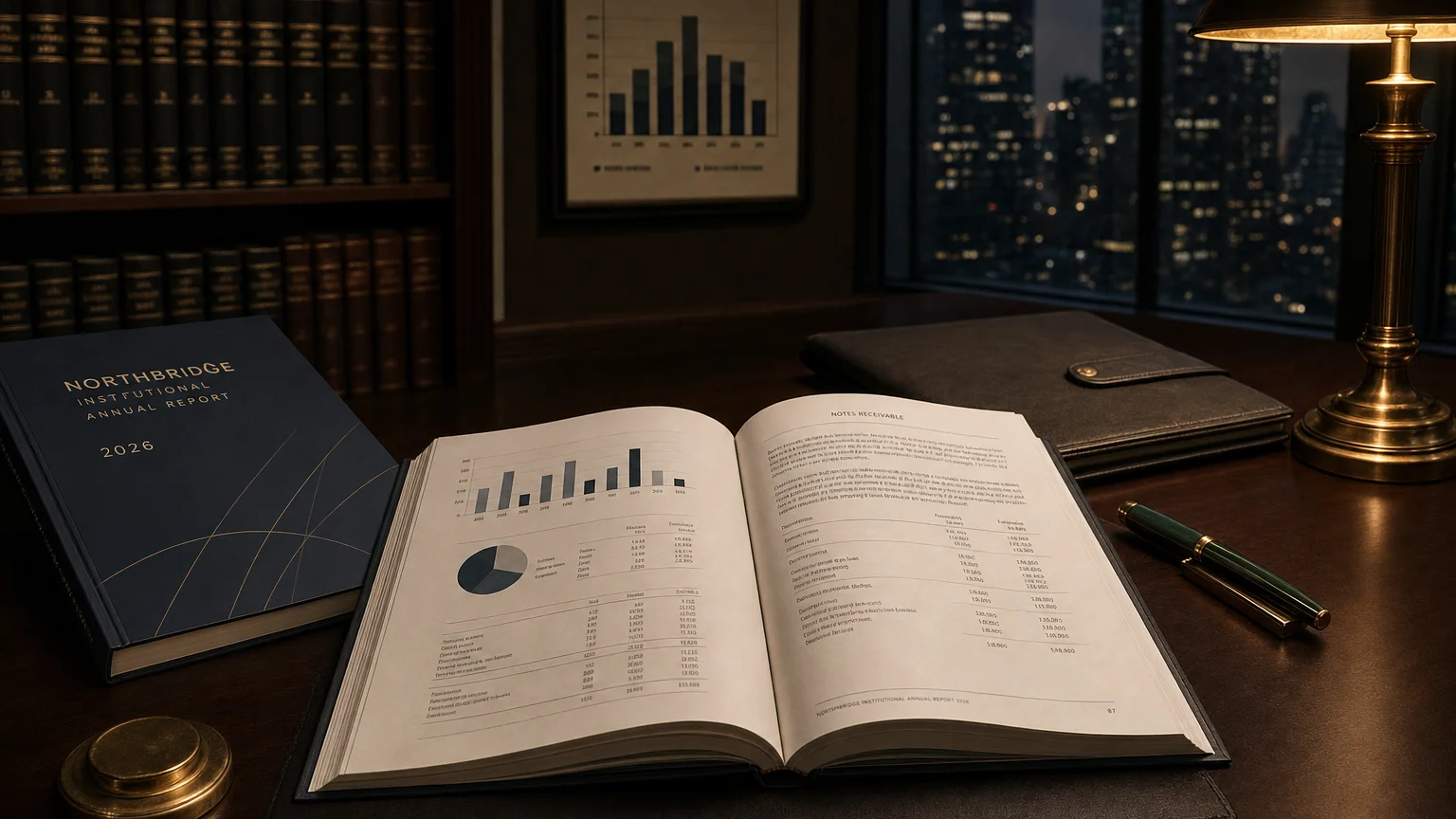 Corporate ledger or annual-report booklet open to the notes receivable chapter on a wooden desk.