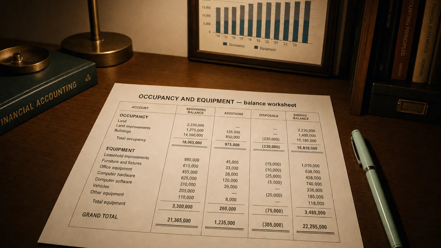 Accounting worksheet showing occupancy and equipment line items with neat column totals and a fountain pen.
