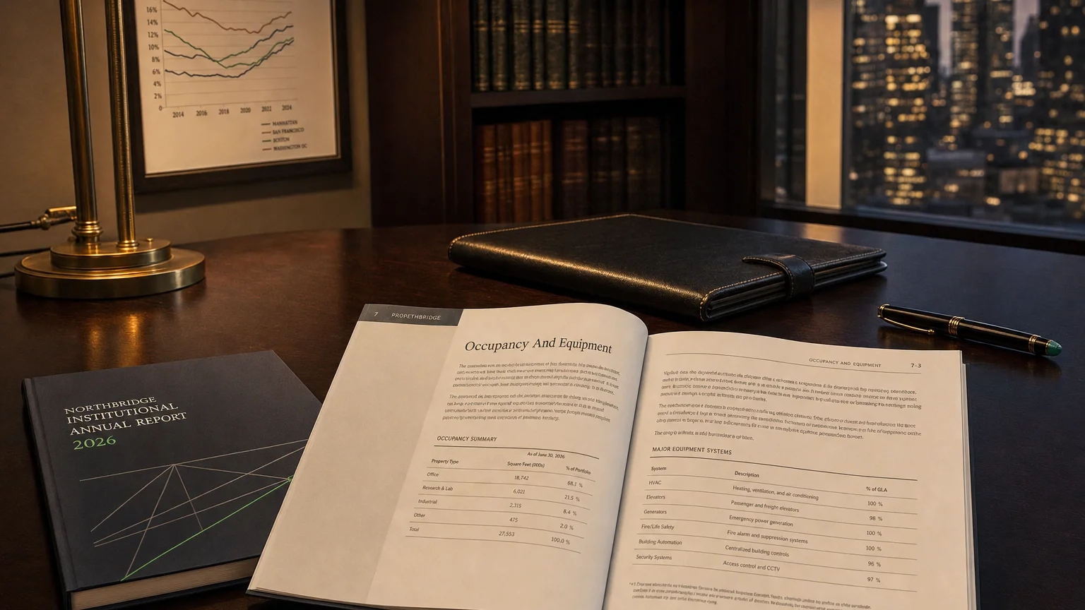 Corporate ledger or annual-report booklet open to the occupancy and equipment chapter on a wooden desk.