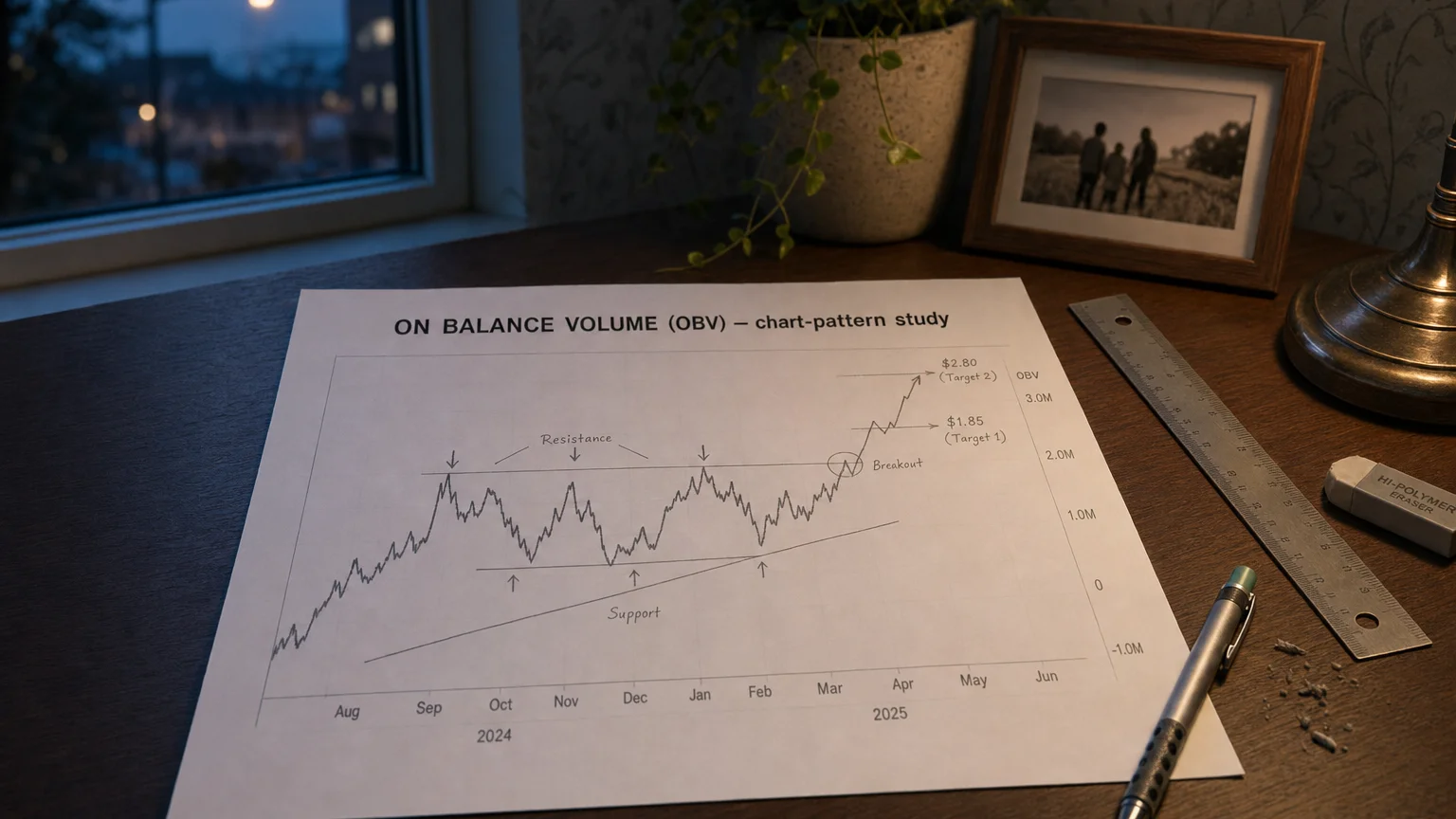 Printed candlestick chart annotated with hand-drawn on balance volume (obv) pattern markers on an analyst desk.