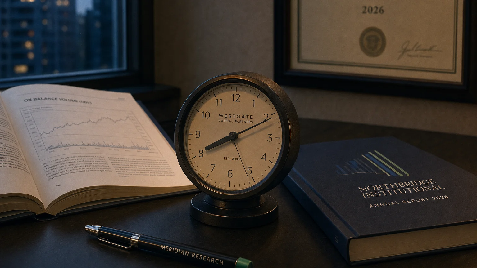 Trading-desk artifact representing on balance volume (obv) — textbook page and bull-or-bear desk sculpture.
