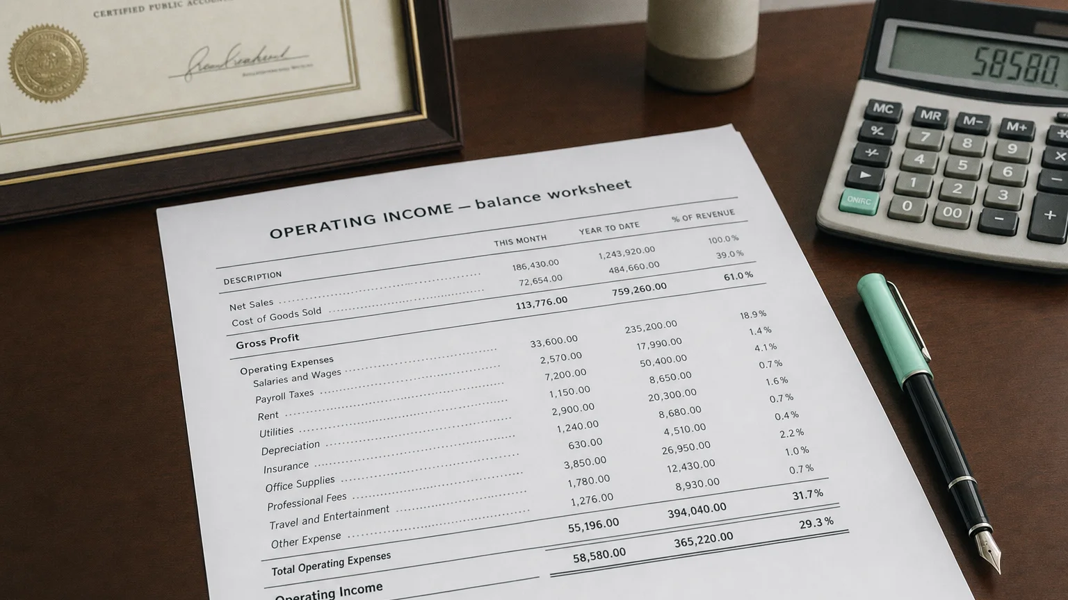 Accounting worksheet showing operating income line items with neat column totals and a fountain pen.