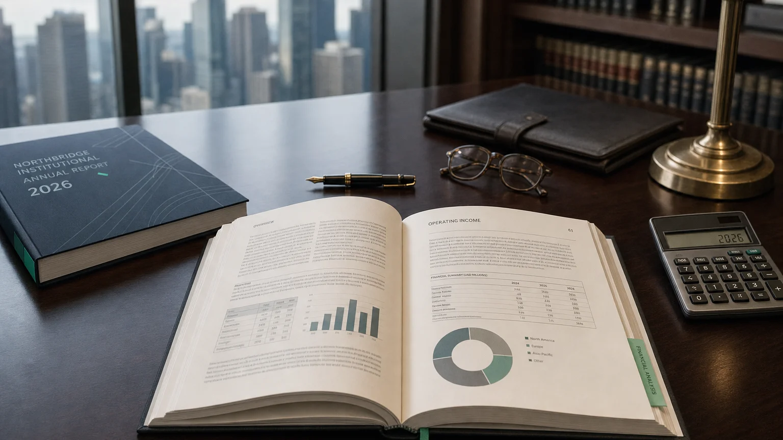 Corporate ledger or annual-report booklet open to the operating income chapter on a wooden desk.
