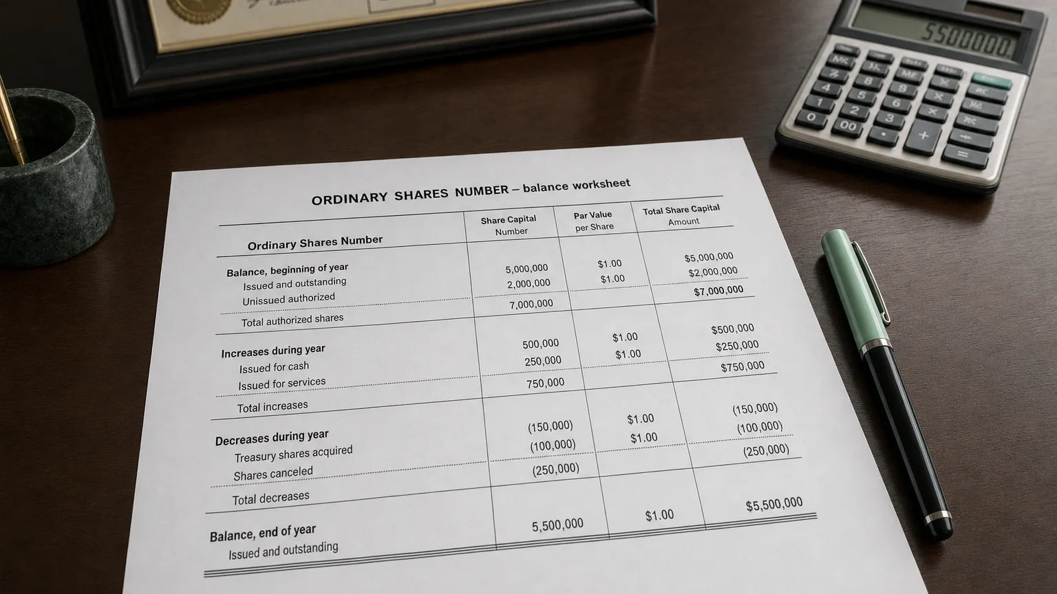 Accounting worksheet showing ordinary shares number line items with neat column totals and a fountain pen.