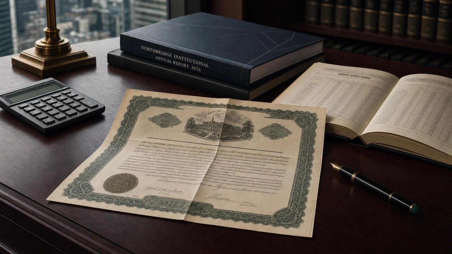 Corporate ledger or annual-report booklet open to the ordinary shares number chapter on a wooden desk.