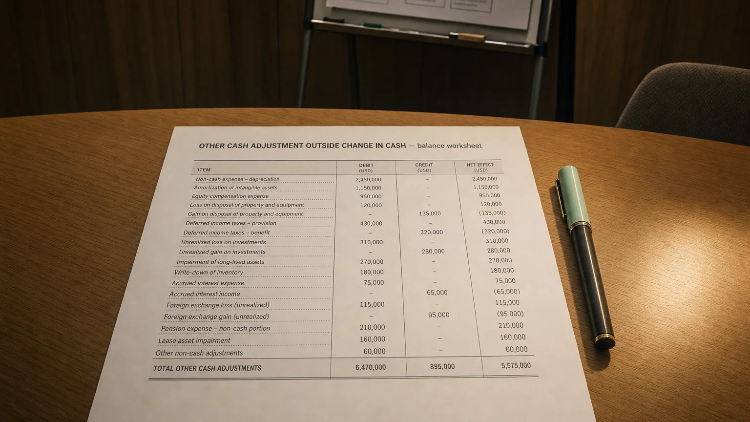 Accounting worksheet showing other cash adjustment outside change in cash line items with neat column totals and a fountain pen.