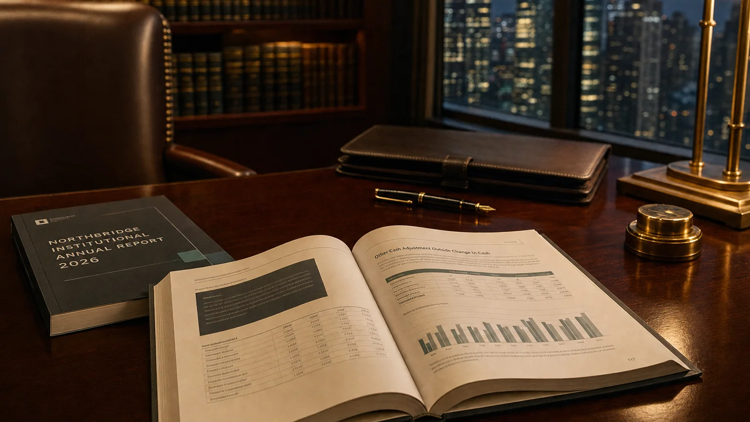 Corporate ledger or annual-report booklet open to the other cash adjustment outside change in cash chapter on a wooden desk.