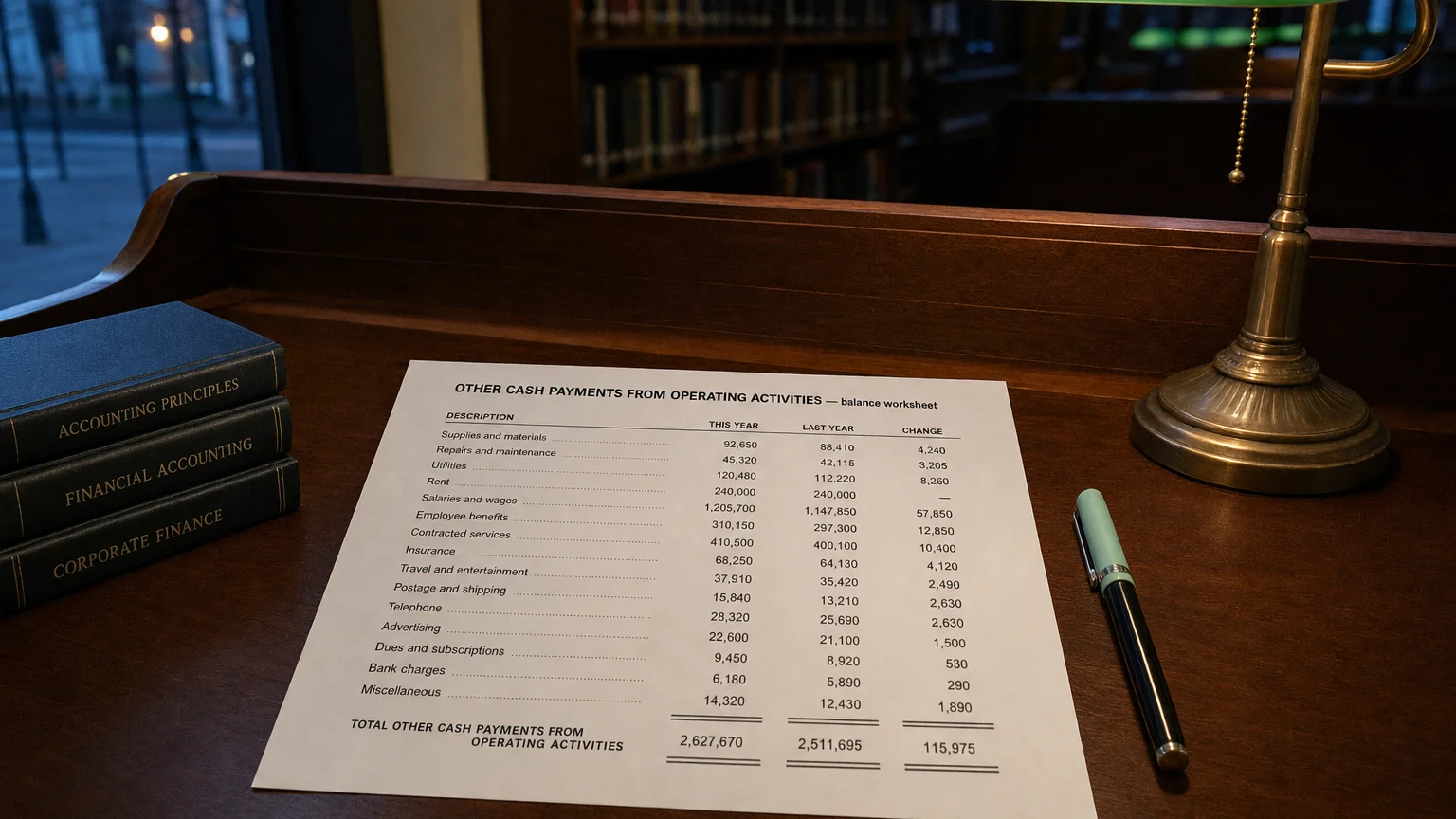 Accounting worksheet showing other cash payments from operating activities line items with neat column totals and a fountain pen.