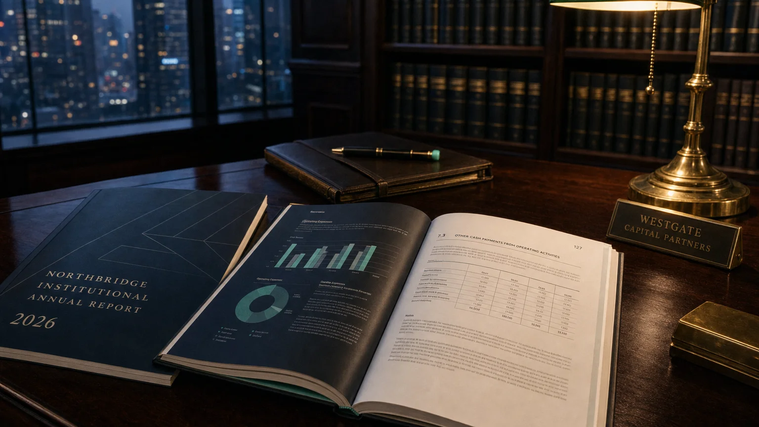 Corporate ledger or annual-report booklet open to the other cash payments from operating activities chapter on a wooden desk.