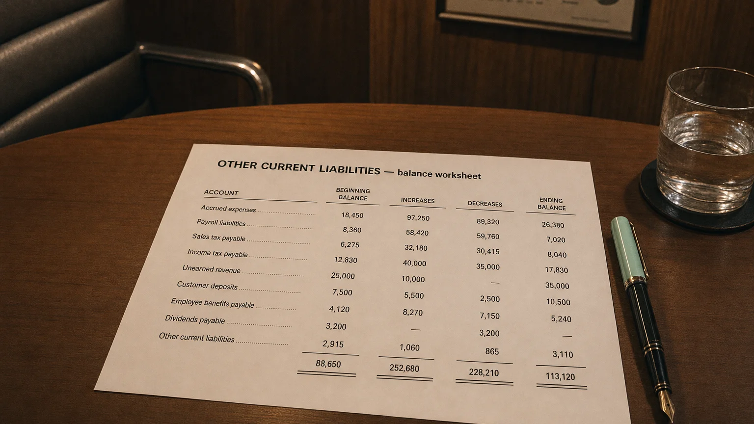 Accounting worksheet showing other current liabilities line items with neat column totals and a fountain pen.