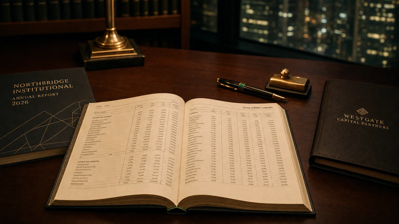 Corporate ledger or annual-report booklet open to the other current liabilities chapter on a wooden desk.
