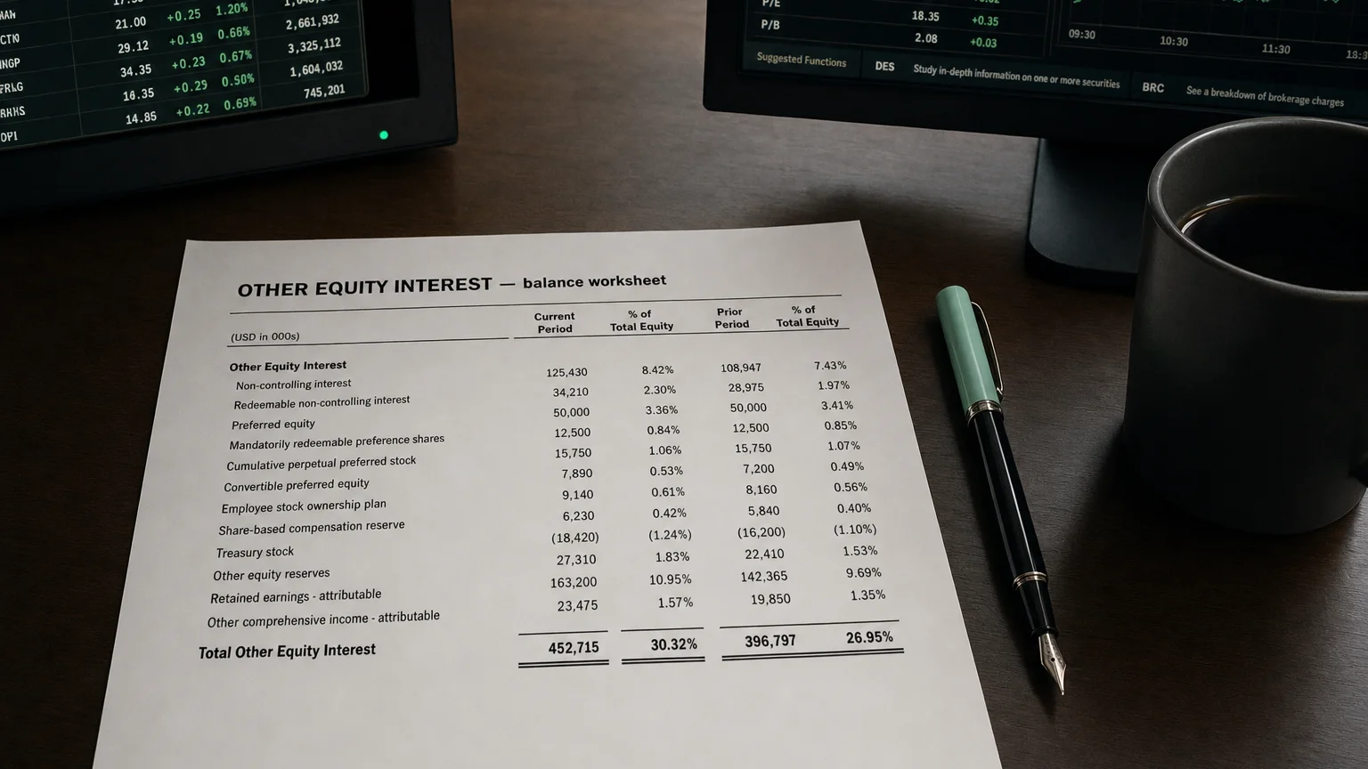 Accounting worksheet showing other equity interest line items with neat column totals and a fountain pen.