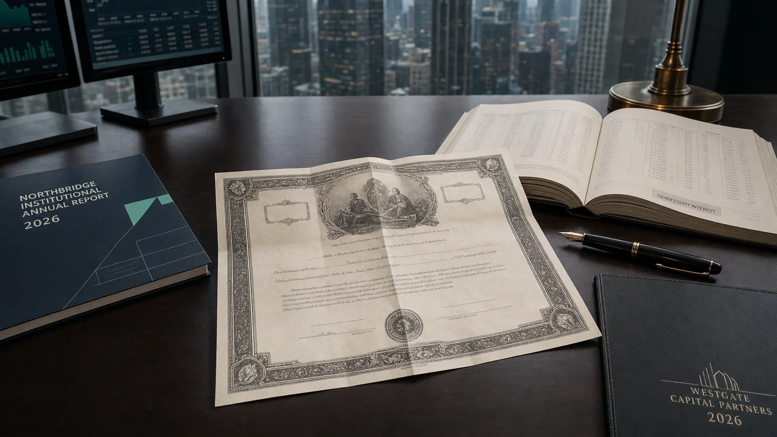 Corporate ledger or annual-report booklet open to the other equity interest chapter on a wooden desk.