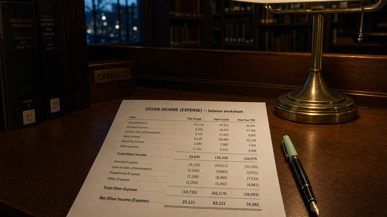 Accounting worksheet showing other income (expense) line items with neat column totals and a fountain pen.