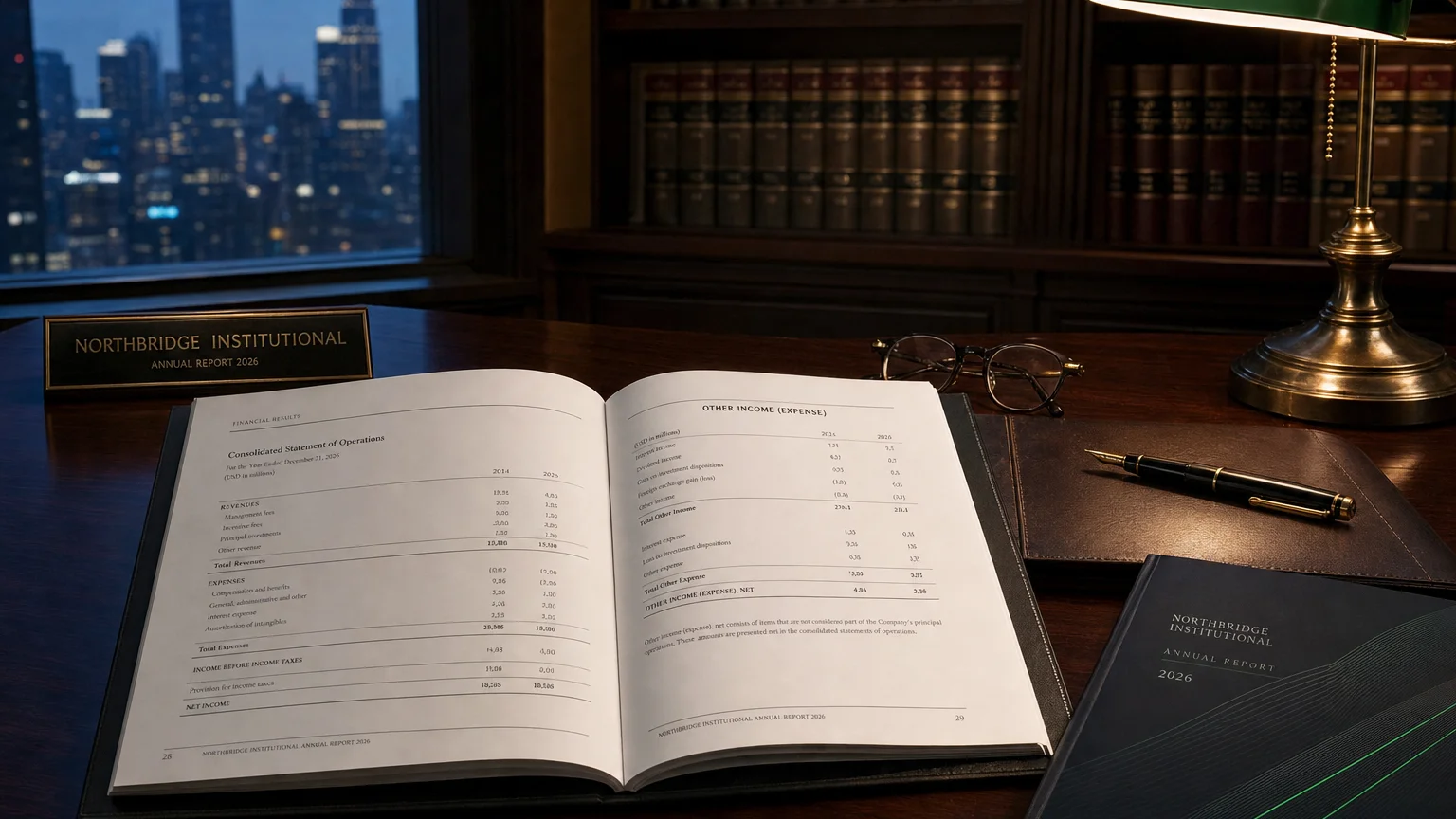 Corporate ledger or annual-report booklet open to the other income (expense) chapter on a wooden desk.