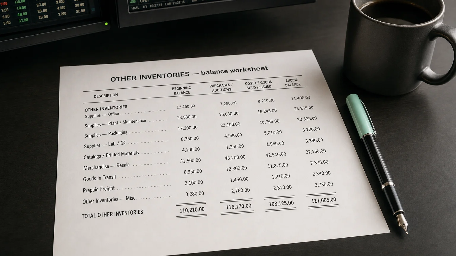 Accounting worksheet showing other inventories line items with neat column totals and a fountain pen.