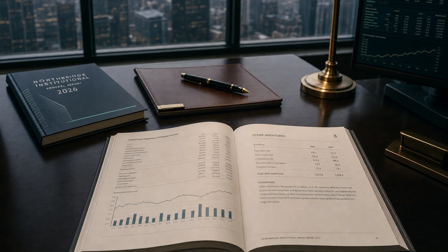 Corporate ledger or annual-report booklet open to the other inventories chapter on a wooden desk.