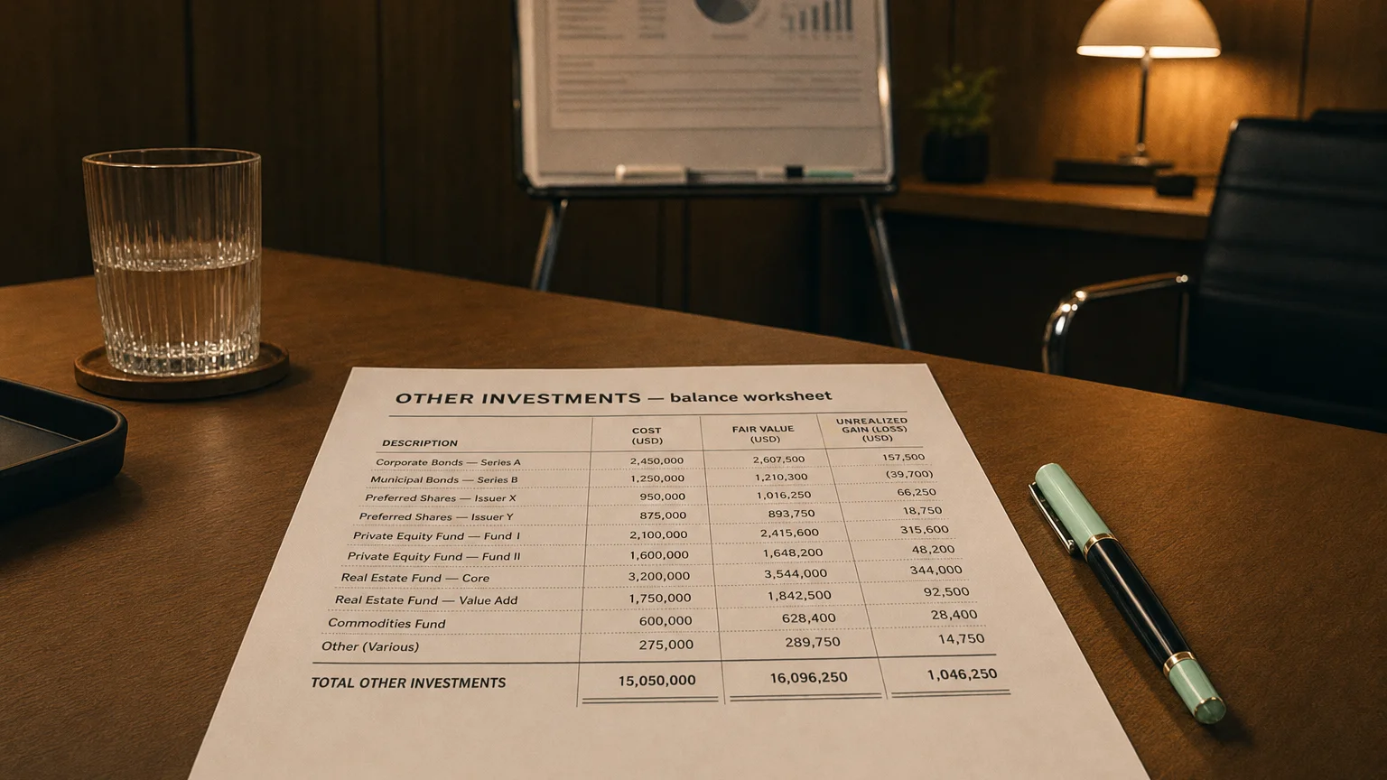 Accounting worksheet showing other investments line items with neat column totals and a fountain pen.