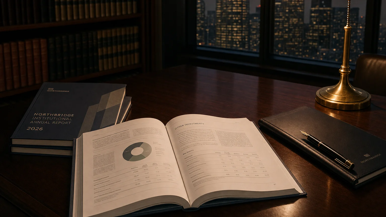 Corporate ledger or annual-report booklet open to the other investments chapter on a wooden desk.