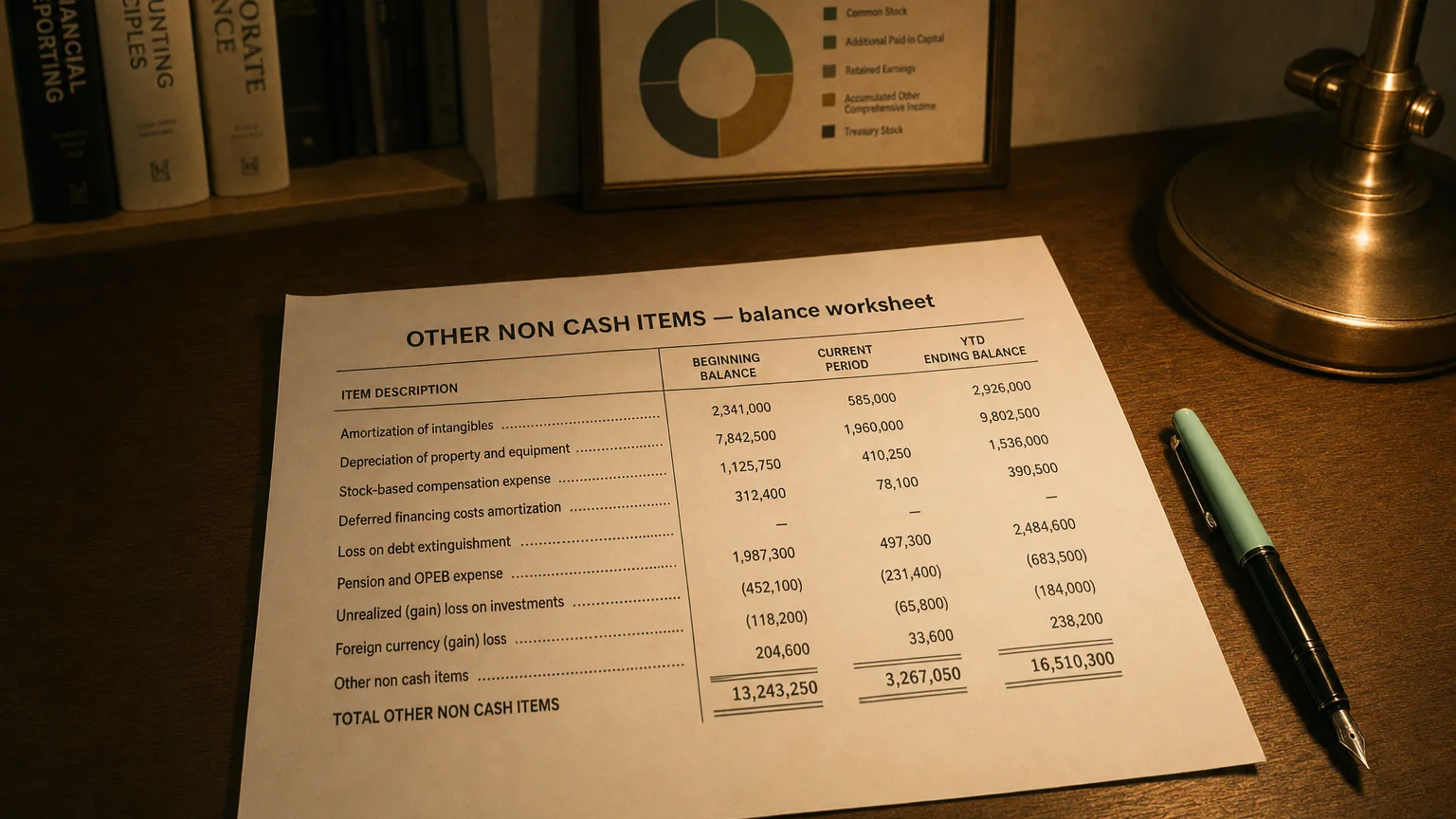 Accounting worksheet showing other non cash items line items with neat column totals and a fountain pen.
