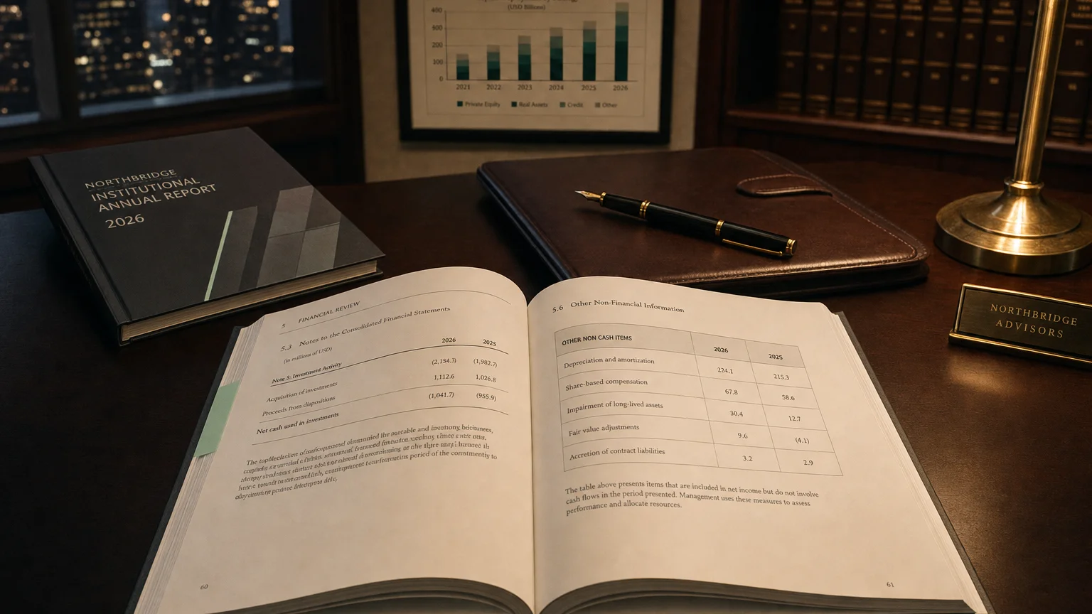 Corporate ledger or annual-report booklet open to the other non cash items chapter on a wooden desk.