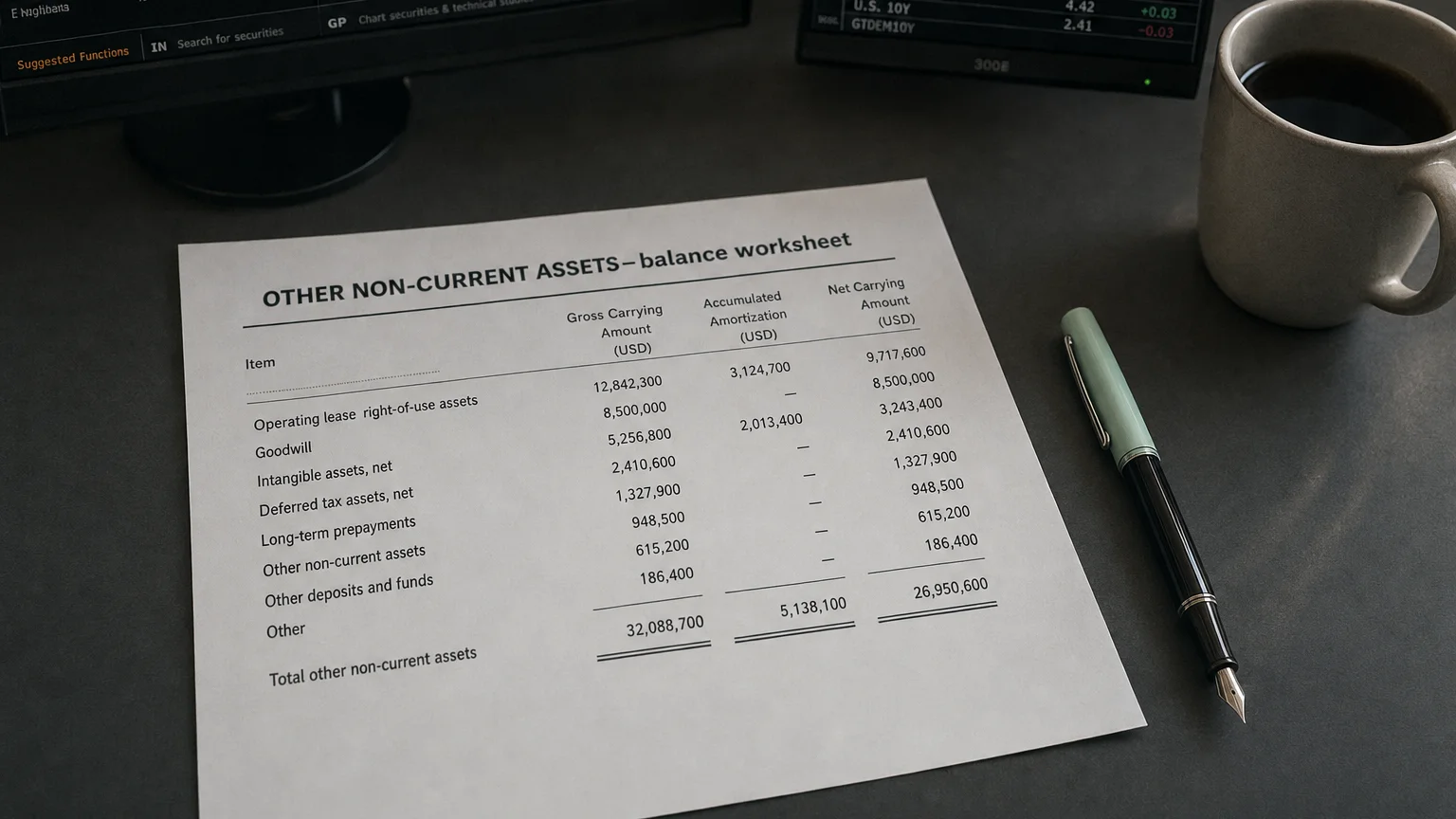 Accounting worksheet showing other non-current assets line items with neat column totals and a fountain pen.