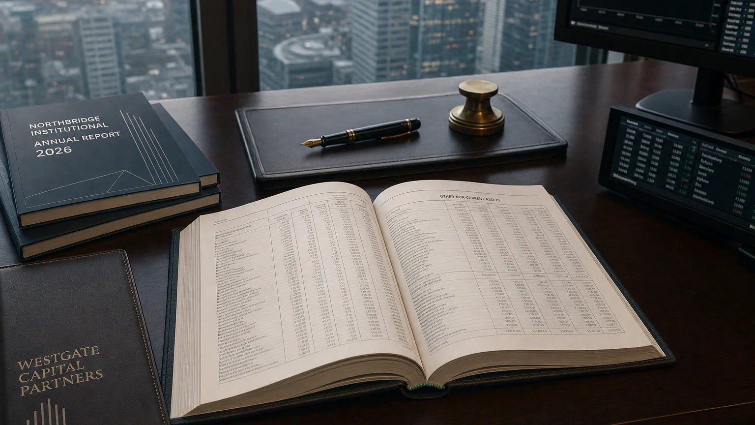 Corporate ledger or annual-report booklet open to the other non-current assets chapter on a wooden desk.