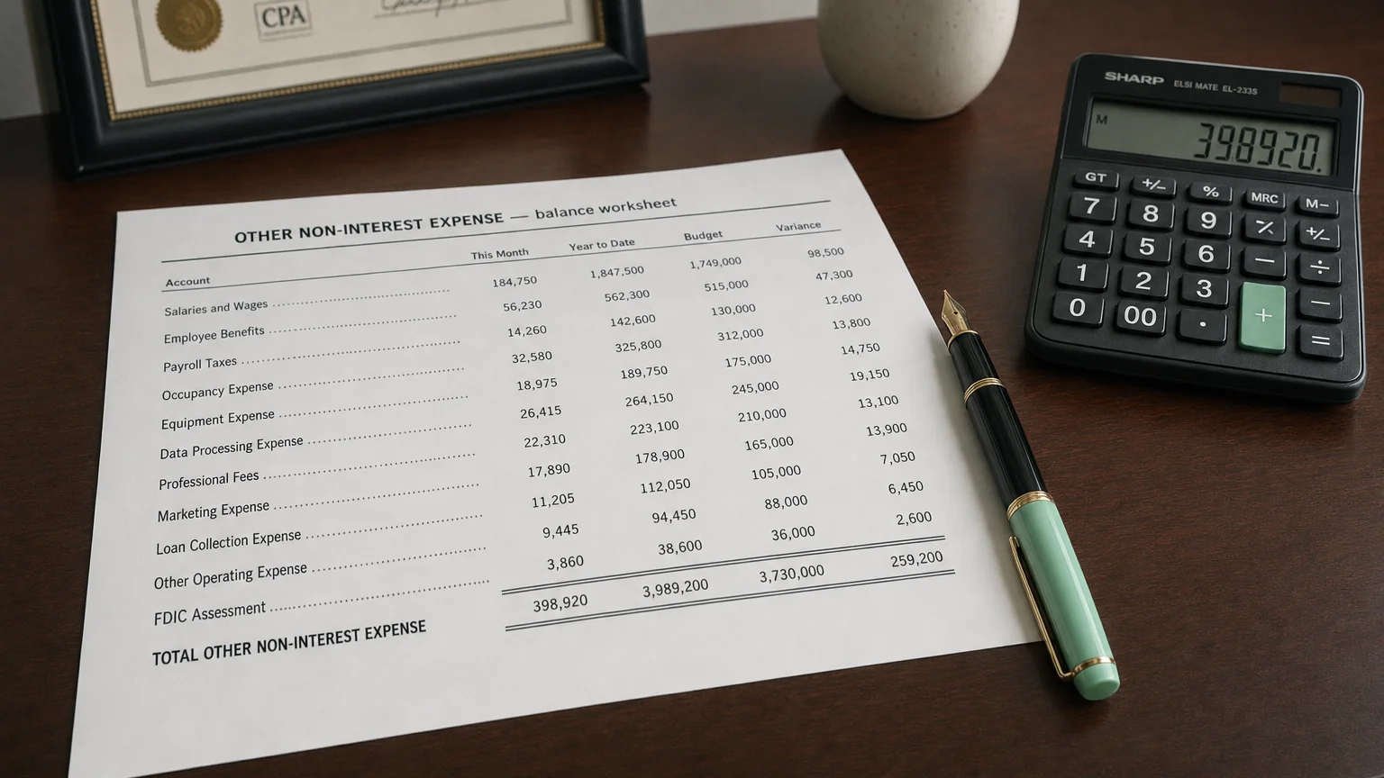 Accounting worksheet showing other non-interest expense line items with neat column totals and a fountain pen.