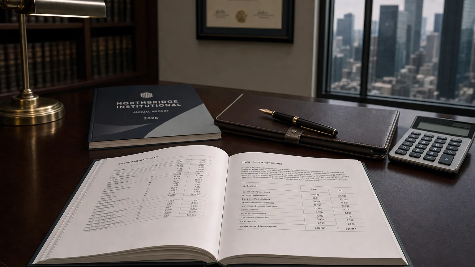 Corporate ledger or annual-report booklet open to the other non-interest expense chapter on a wooden desk.
