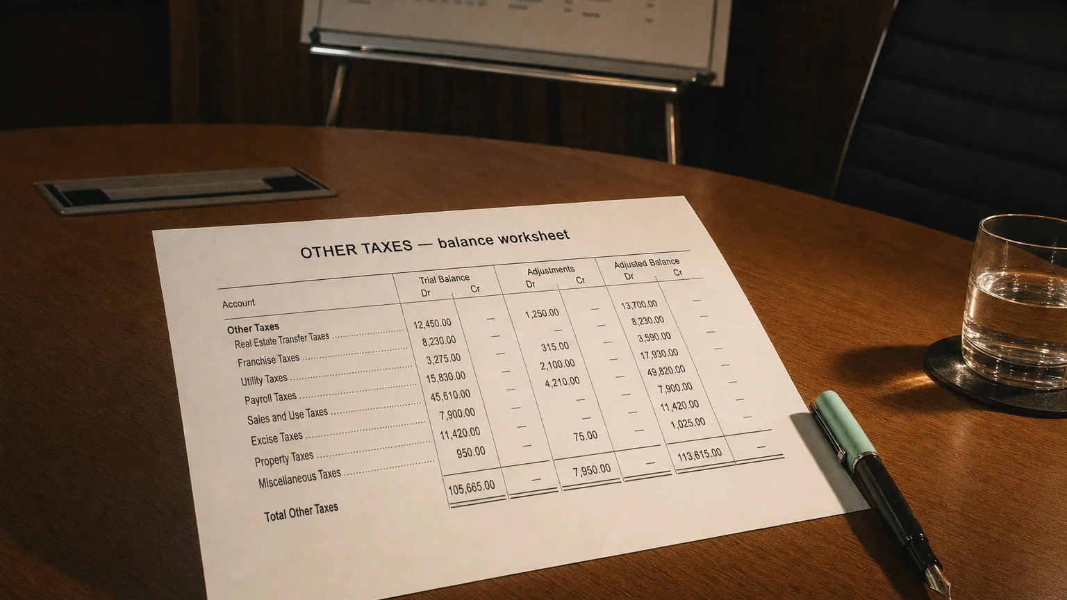 Accounting worksheet showing other taxes line items with neat column totals and a fountain pen.