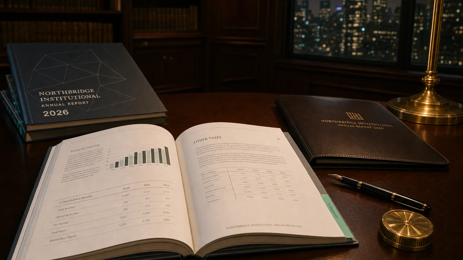 Corporate ledger or annual-report booklet open to the other taxes chapter on a wooden desk.