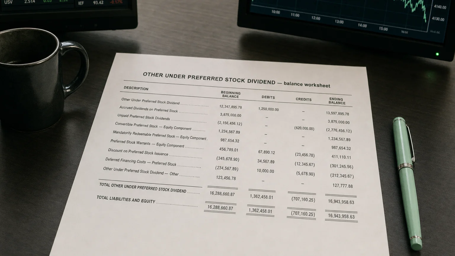 Accounting worksheet showing other under preferred stock dividend line items with neat column totals and a fountain pen.