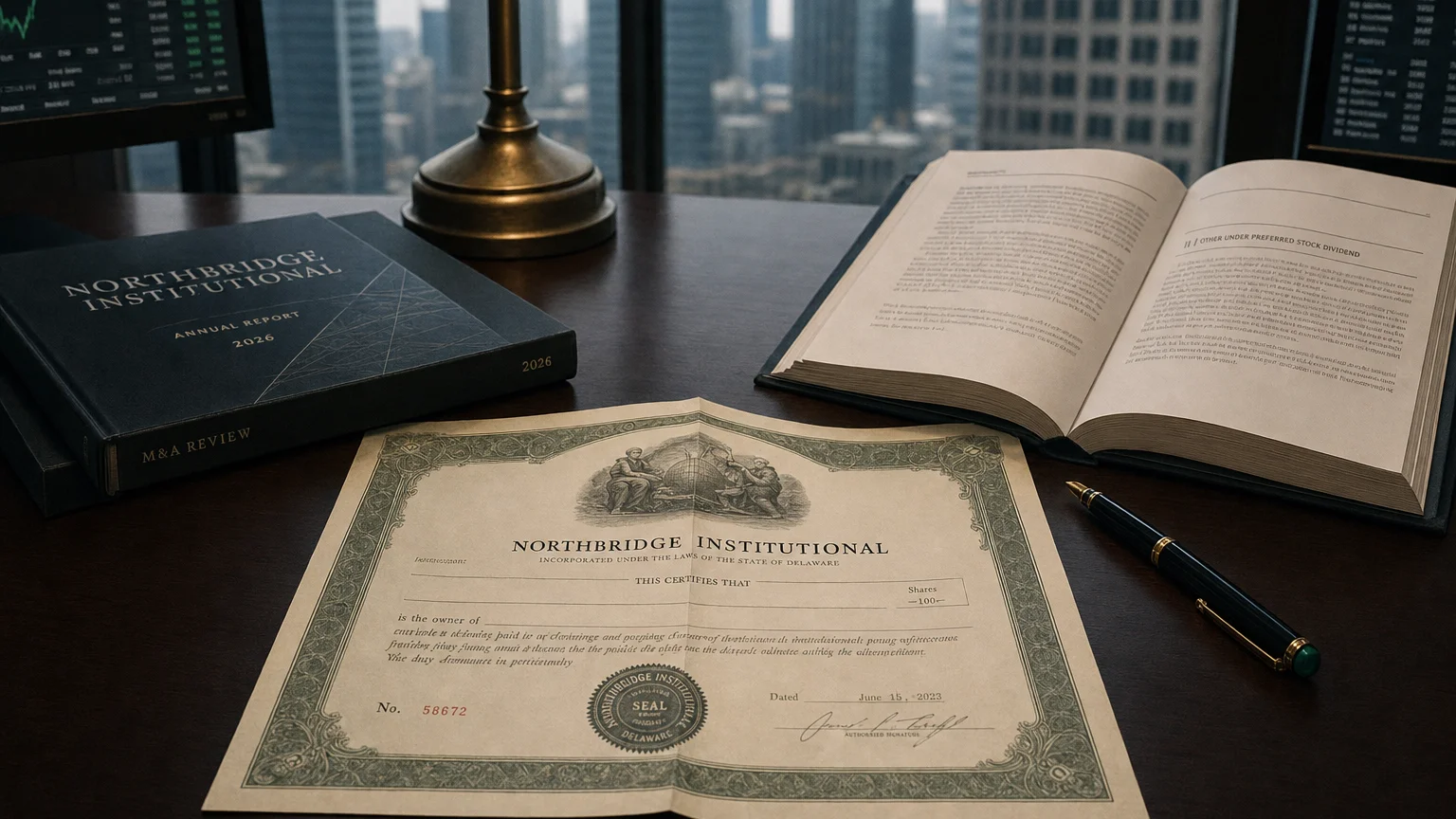 Corporate ledger or annual-report booklet open to the other under preferred stock dividend chapter on a wooden desk.